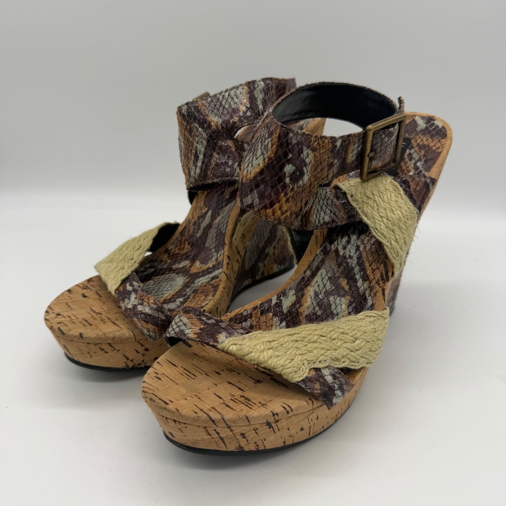 Michael Antonio Snakeskin Cork Platform Wedge Sandals Brown Tan 8